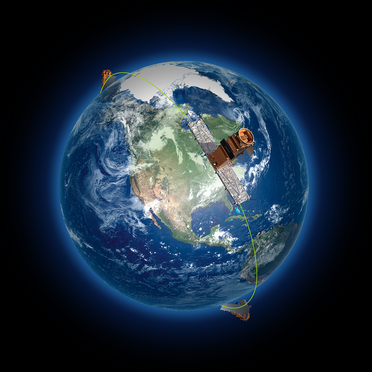 The RADARSAT Constellation Mission (RCM), launched in June 2019, is a Canadian program using three identical, small C-band Synthetic Aperture Radar (SAR) satellites to provide daily imaging of Canada and up to 90% of the world's surface. It ensures data continuity, improved maritime surveillance, disaster management, and environmental monitoring. Illustration courtesy of the Canadian Space Agency